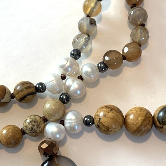 Vtg Agate Cultured Pearl Necklace Polished Gemstones Bold Southwest Statement - Picture 3 of 13